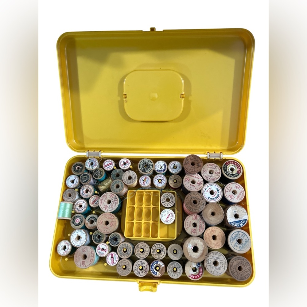 Wil hold Vintage Yellow Plastic thread and bobbin Storage Organizer - FULL